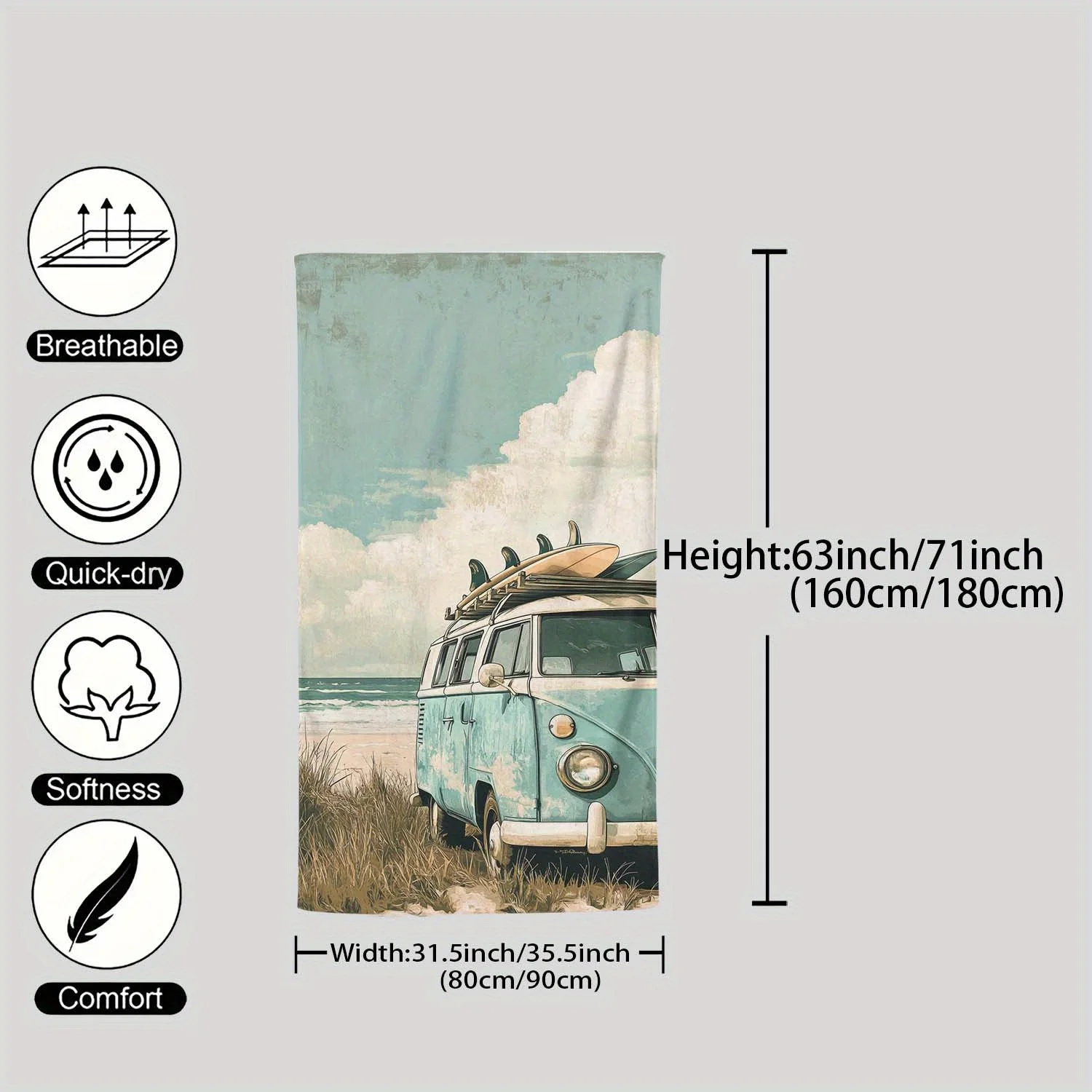 1pc Sdoo Beach Bus Print Microfiber Beach Towel - Soft Lightweight Quick-Dry for Swimming, Surfing, Yoga, Camping  Bath towel