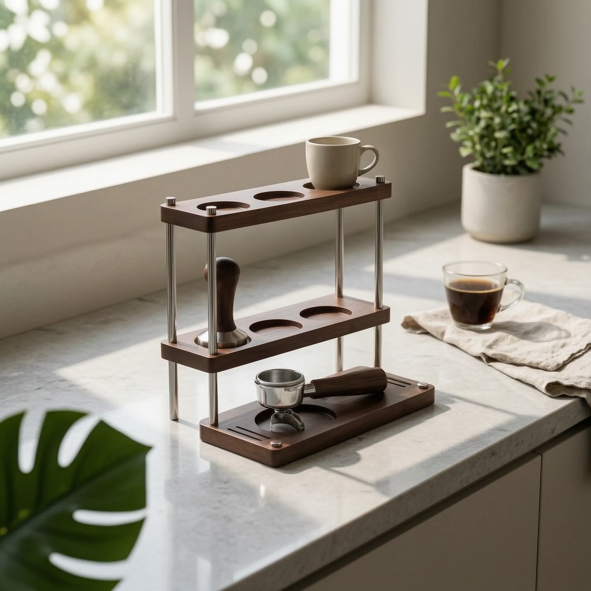 Coffee Tamper Stand Walnut-Toned Tamping Station with Tamper Holder Espresso Tool Organizer Countertop for Baristas