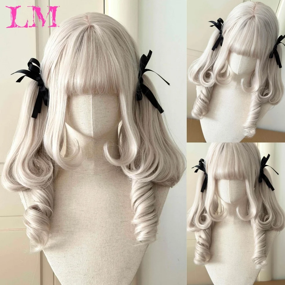 LM Synthetic Wig Milky White Spiral Curly Double Ponytail Wig With Ponytail Lolita Wig with Bangs for Cosplay Daily Party