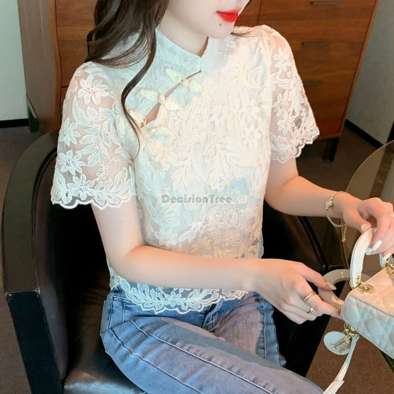 2024 vintage fashionable versatile qipao top exquisite floral jacquard temperament blouse stand collar diagonal buckle lace top