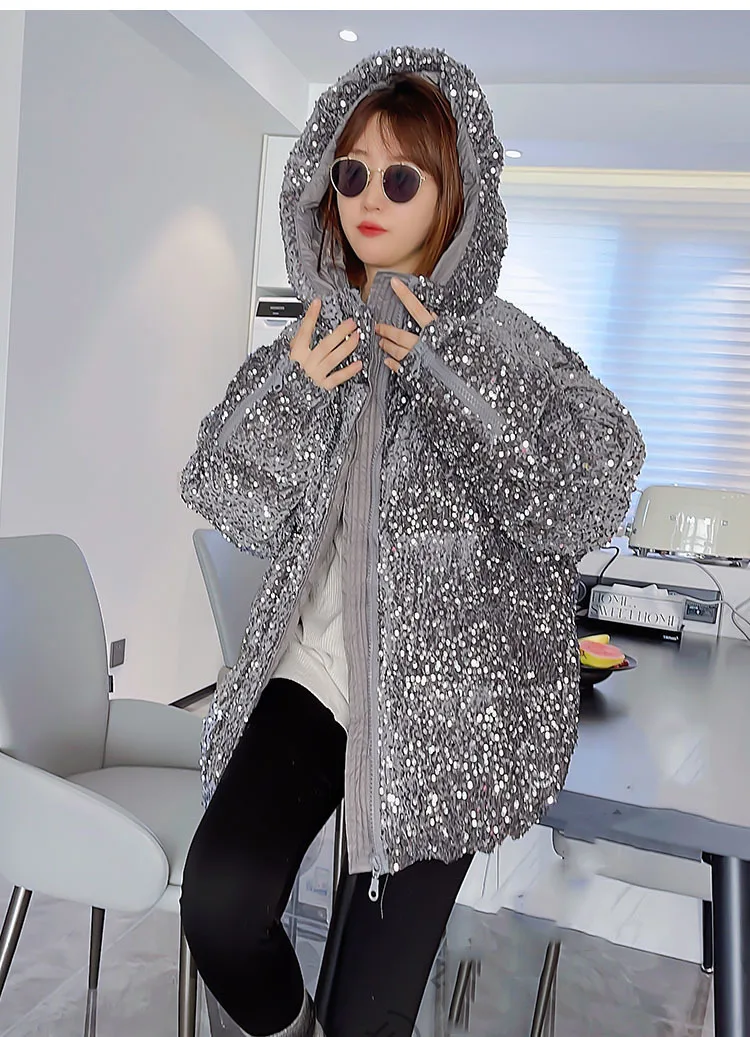 Full Sequins Women Winter Down Jacket Thick Parka Coat With Bling Bling Fashion Design Puffer OVERCOAT