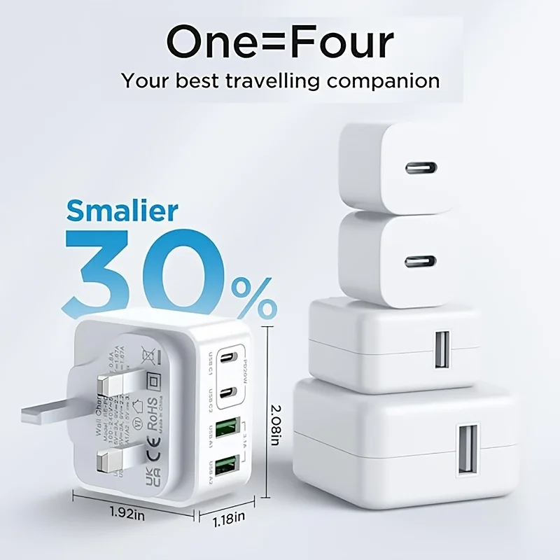 40W 4-Port USB-C USB-A PD Fast Wall Charger for iPhone Samsung iPad 110V-220V UK Plug
