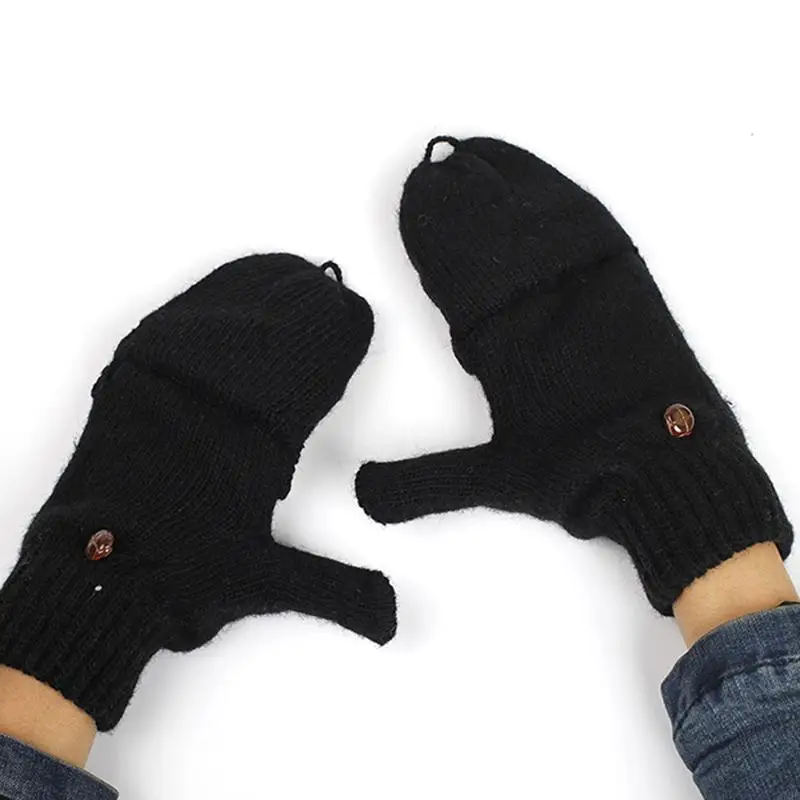 77HE Winter Men's Jacquard Fingerless Flap Wool Knit Gloves Sports Fitness Elastic for Touch screen Thicken Black Gray Coffee