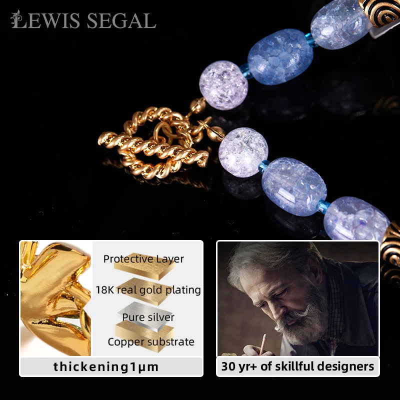 LEWIS SEGAL Vintage Natural Crystal Necklace For Women Colorful Stone Chain 18K Gold Party Fine Jewelry