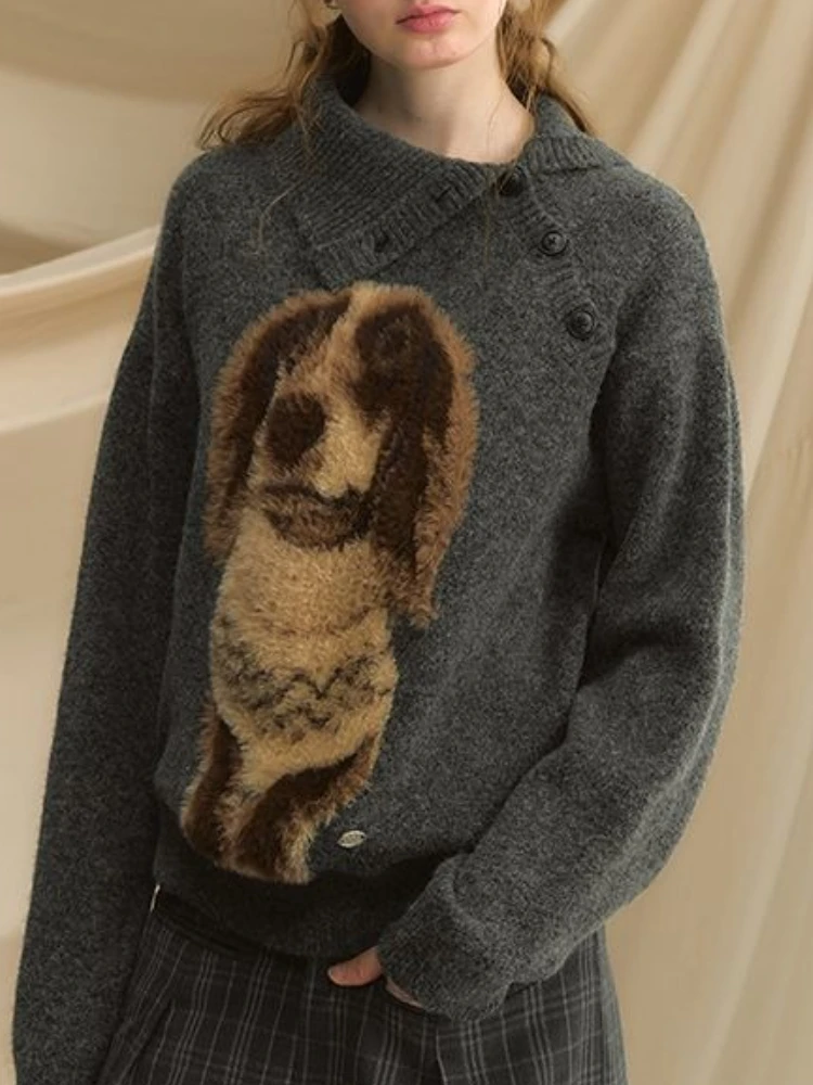 Sweat-shirt à manches longues pour femmes, Vintage français, élégant, Chic, graphique de chien, col incliné, tricot doux, hauts rétro décontractés, automne