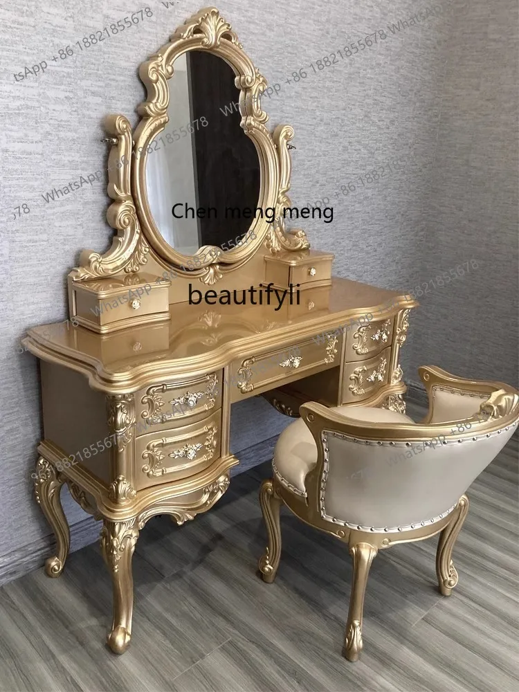 D178 European style dressing table villa luxury makeup table with mirror makeup stool French solid wood carving 1.35 meters