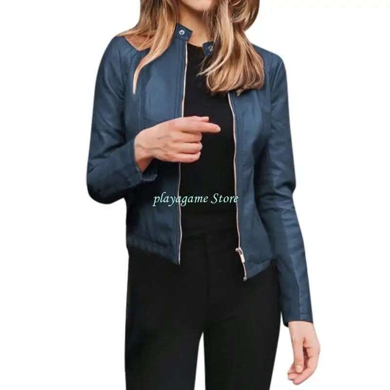 Y88A Damen Kunstlederjacken, abgeschnittene PU-Motorradjacke, schlanker Stehkragen, Biker-Bombermäntel, Herbst-Outfits,