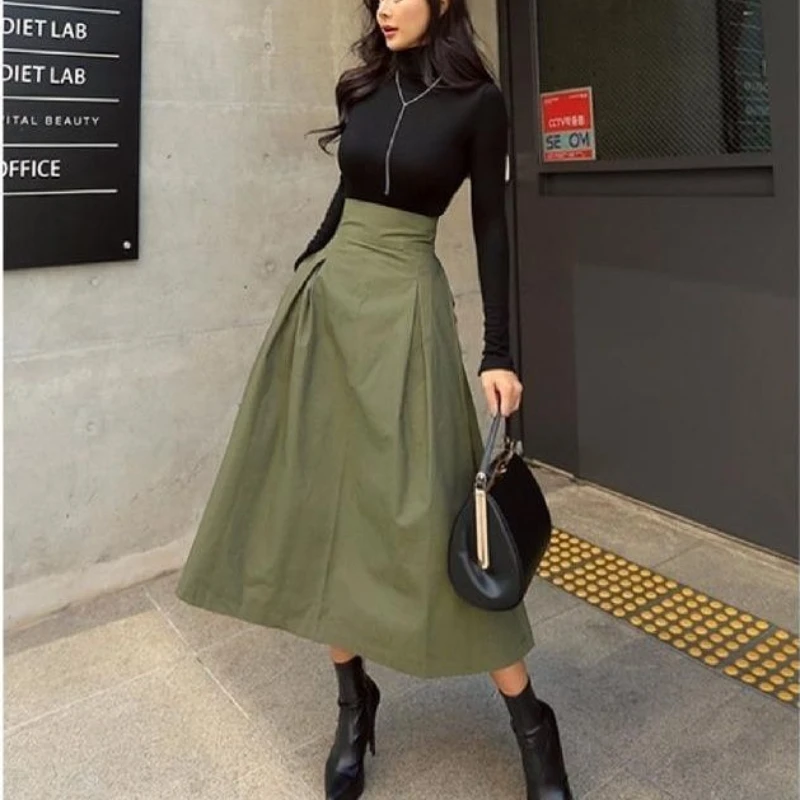 

2024 Autumn Trendy A-line Bow Large Hem Width Half Skirt for Women Autumn Solid Color Slim Fit Waist Strap Long Women's Skirt