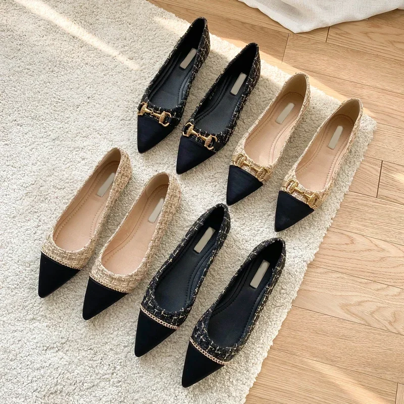 

2025 Spring and Autumn New Pointed Toe Single Shoes Shallow Mouth Slip-on Flats Metal Decoration Low-heeled Women's Shoes