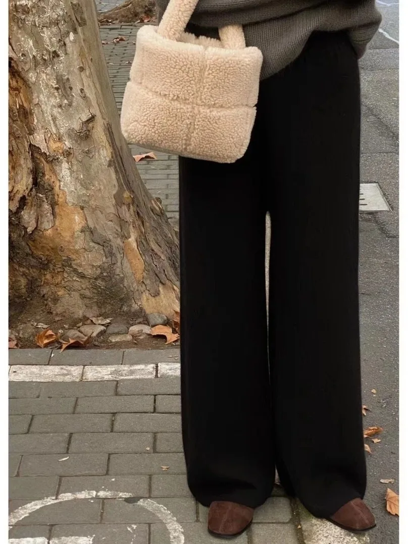 00% Zuivere Wol Gebreide Wijde Pijpen Broek Dames Herfst Winter Vintage Europese Sle Gedrapeerde Uitgebreide Rechte Uitsparing Camere F...