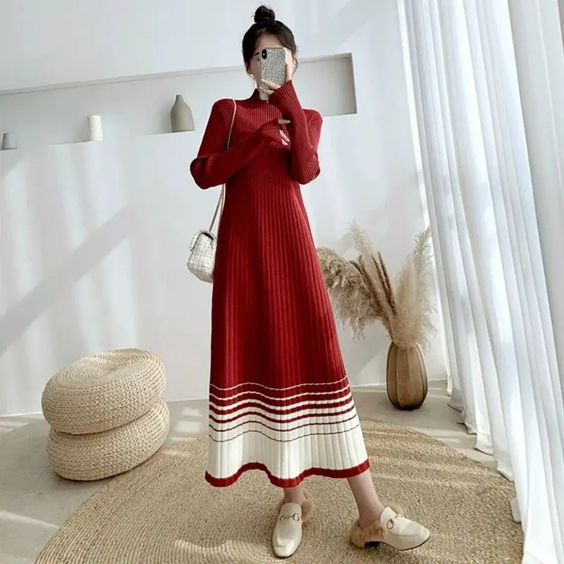 

Autumn and Winter Women's Half High Collar Long Sleeve Slim Knitted Contrast Color Stripe Fashion Casual Office Lady Dress