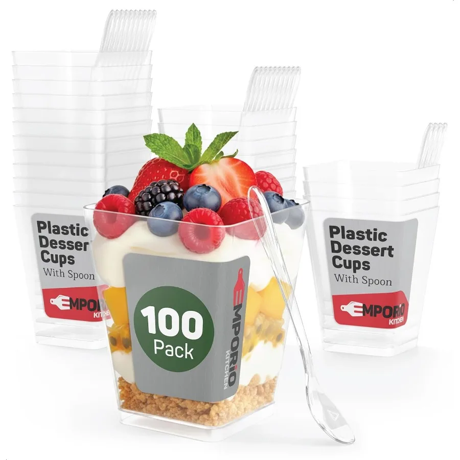 5 oz Clear Plastic Desert Cups for Party with Spoons 100 Pack Elegant Parfait and Appetizer Cups for Parties Catering Pudding Y