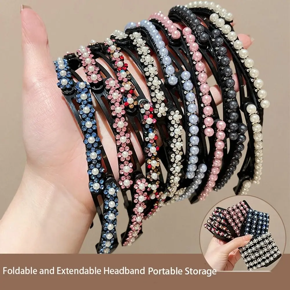 Foldable Rhinestone Headband Cute Extendable Flower Pearl Hair Band Korean Style Headwear Thin Student