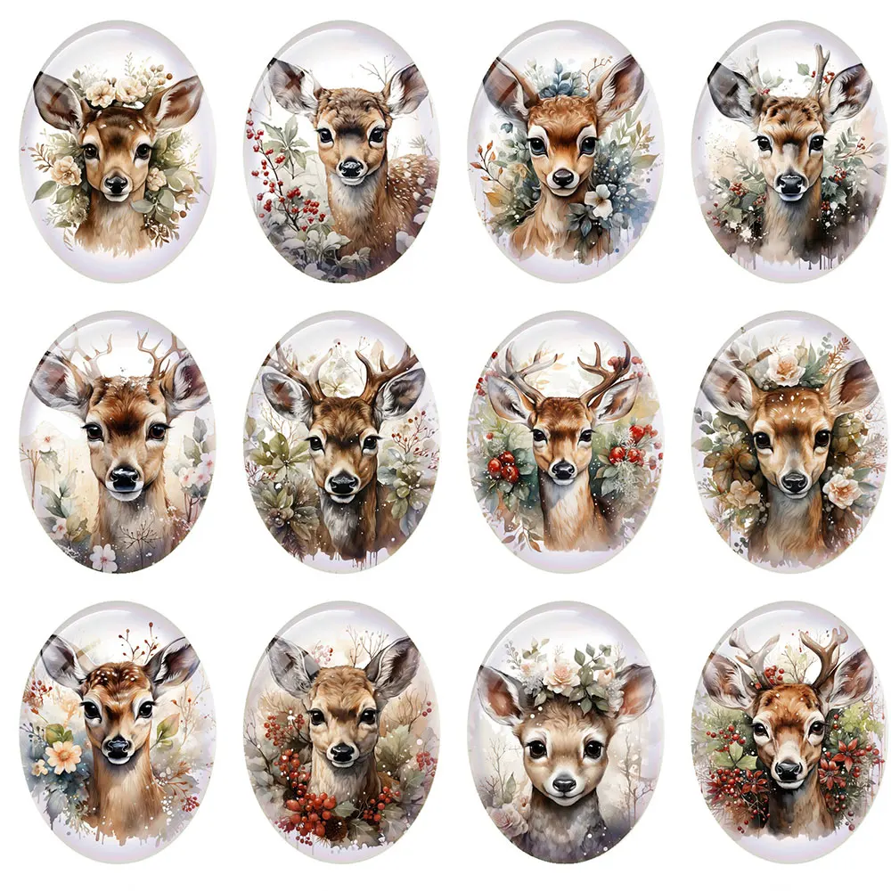 

10 шт./лот, ручная работа, Рождество, зима, олень, олень, цветок, овальная фотография, стеклянный кабошон с плоской задней частью, демонстрационная камея, изготовление ювелирных изделий своими руками