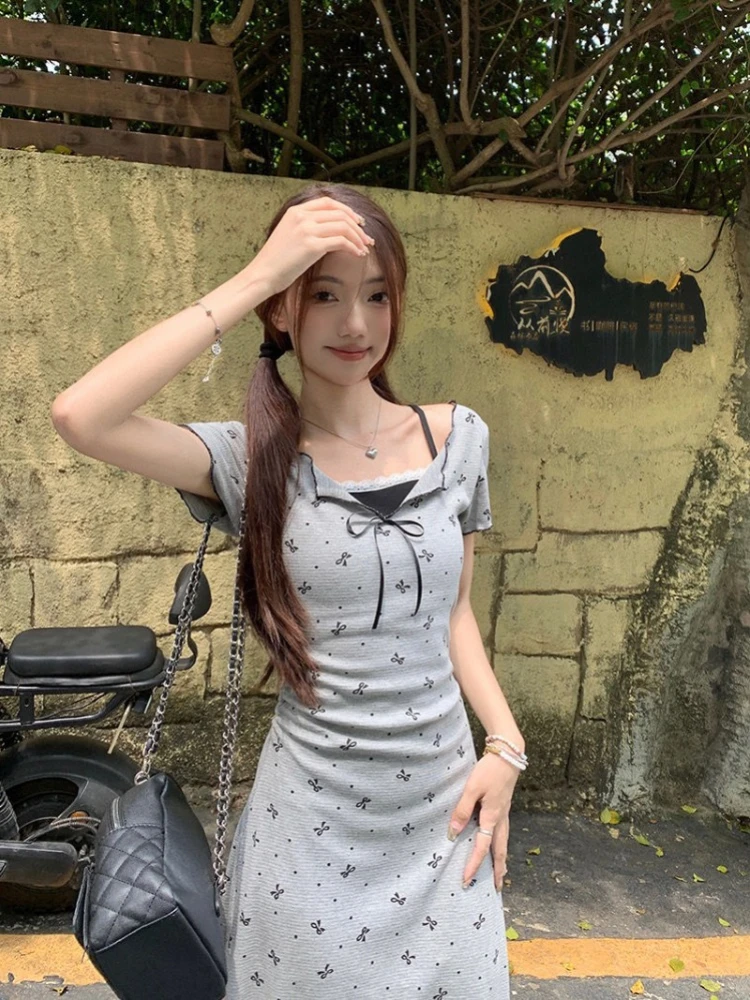 여성용 플로럴 반팔 드레스, 활 레이스 패치워크, 슬림 A 라인, 한국 스타일, 레저 올매치, 데일리 스위트, 페이크 2 개, 여름