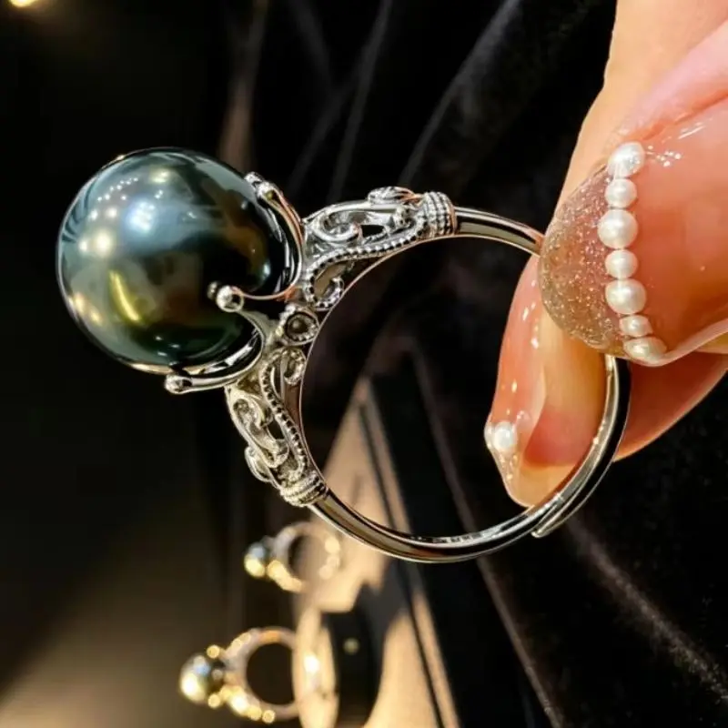 Oversized AAAA+ 10-11mm South Sea Black Green Circular Pearl Ring 925S Sterling Silver Size Adjustable Women's Fashion Jewelry