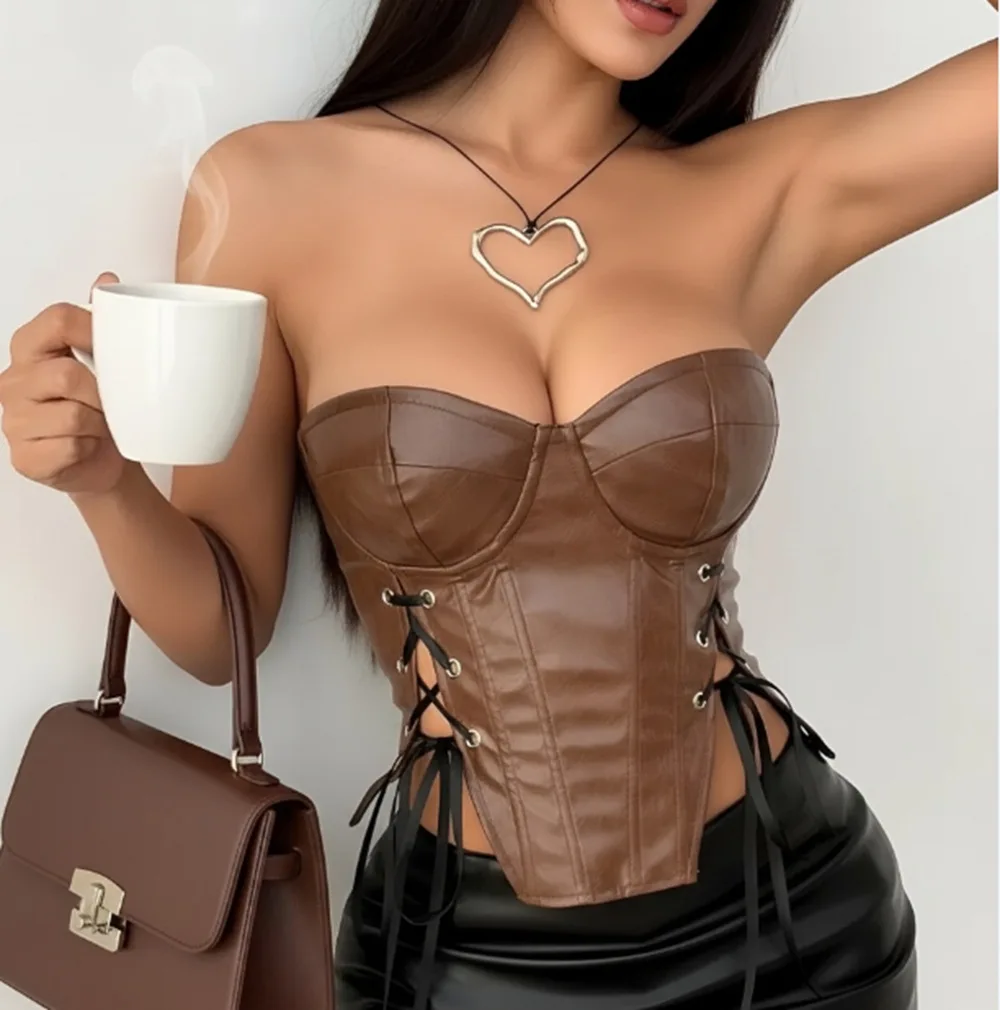 y2k New Trendy Low Cut Shoulder Bared Fitted Waist Leather Back Hollow out Tube Top Tank Vest Personalized Fashion