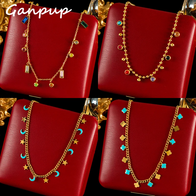 GANPUP 316L Stainless Steel Colored Crystal Pendant Necklace For Women New Chokers Neck Chain Romantic Colorfast Jewelry Gift