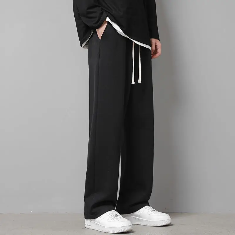 Mens Wide Leg Cotton Joggers Summer American High Street Baggy Pants Solid Color