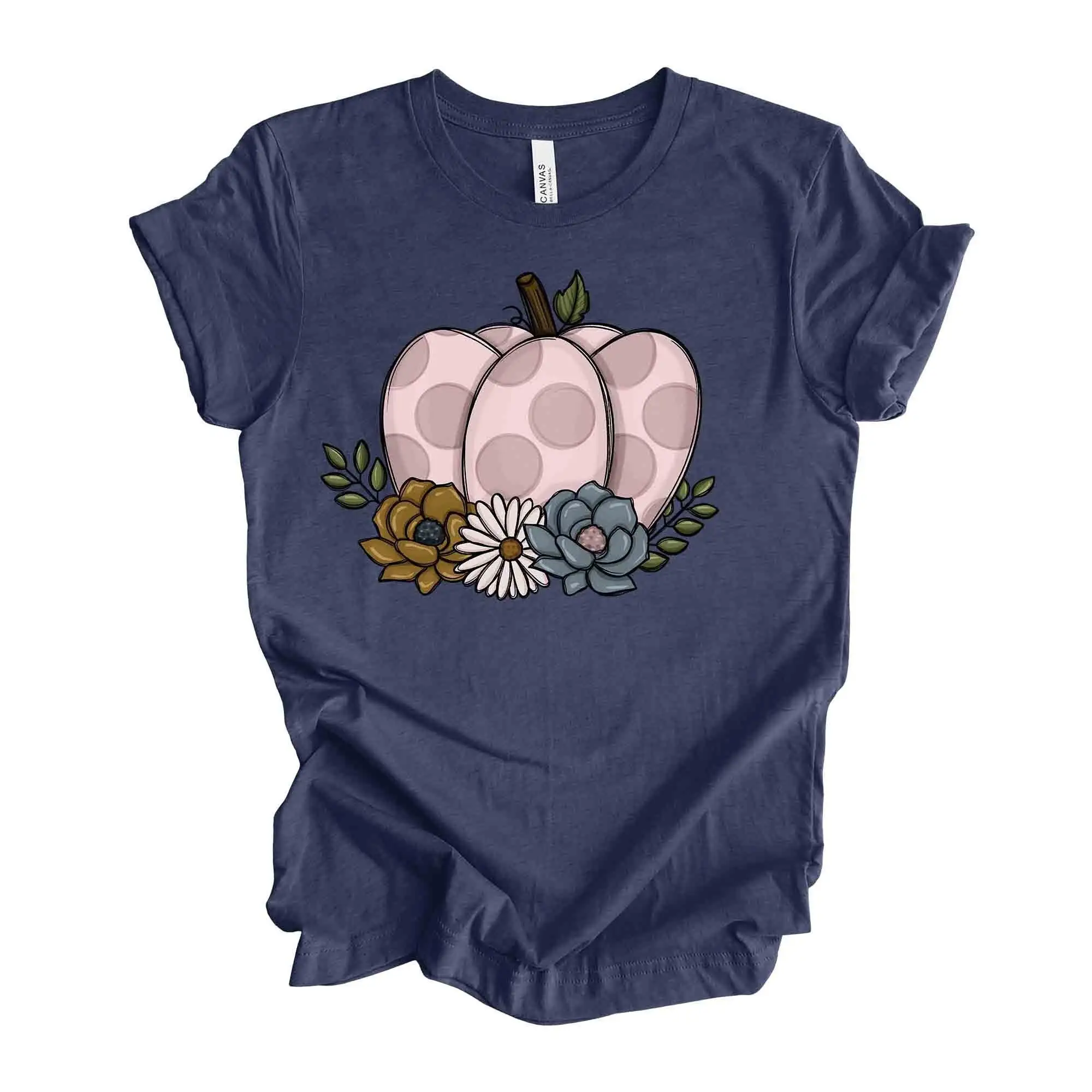 Fall Pumpkin T Shirt Cute Polka Dot With Vintage Flowers Design On Premium Unisex 4 Color Choices 3X 4X