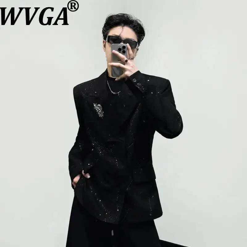 WVGA Korean Style Starry Fine Glitter Shoulder Padded Blazer Exquisite Wheat Ear Brooch Light Luxury Niche Casual Jackets W26006
