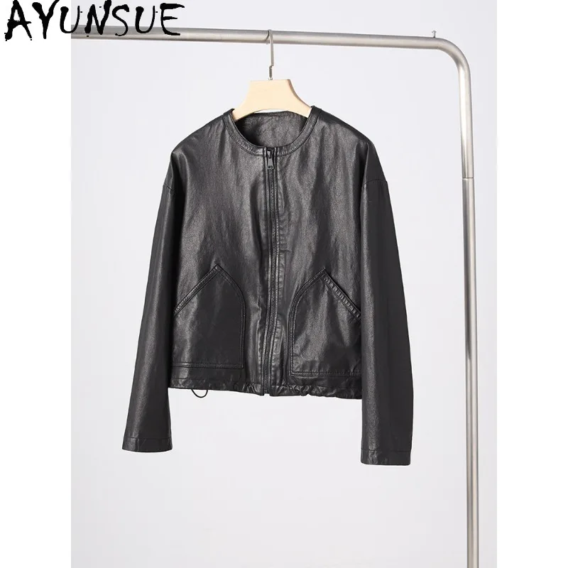 AYUNSUE Real Leather Black Jackets for Woman Short O-neck Sheepskin Jacket Woman Luxury Commute Outerwears Woman Clothes 가죽자켓