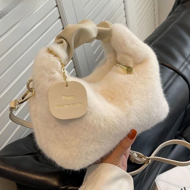

Fashionable Women's Winter Fur Handbag Soft Plush Shoulder Bag Korean Style Casual Dumpling Shape Handbag New 2024 Model
