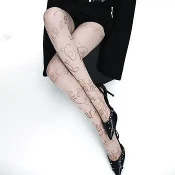 性感女士英文印花絲襪暗黑龐克蝴蝶膚色紋身連身褲褲襪角色扮演蕾絲派對漁網襪 10 最佳銷售 紋身緊身褲 - №2
