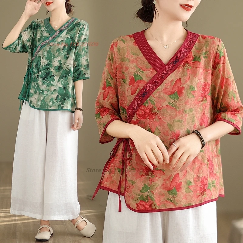 

2024 chinese vintage blouse national flower print embroidery cotton linen blouse retro v-neck tea service hanfu tops zen shirt