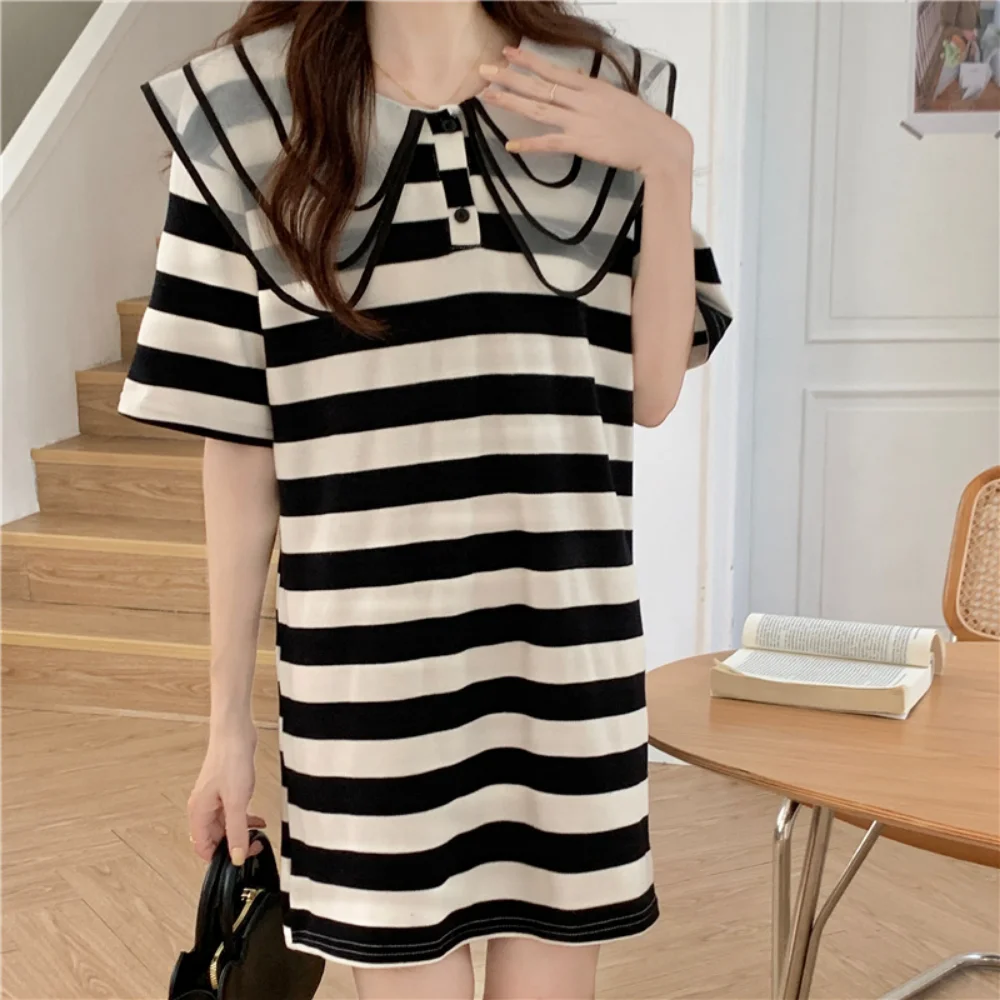 Maternity Top T Shirt Korean Loose Stylish Striped Peter Pan Collar New Arrival Mid-Long Maternity Tops pregnant women clothing