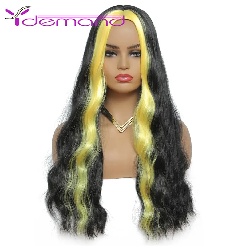 Y Demand Long Neon Wig Body Wave Hair Lady Anime Cosplay Middle Part Synthetic Wig Black Yellow Natural Hairline Wig