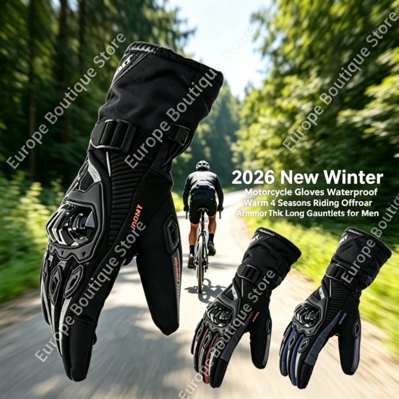 2026 New Winter Motorcycle Gloves Waterproof Warm Thermal Thick Long Gauntlets Offroad Riding Protective Armor for Men