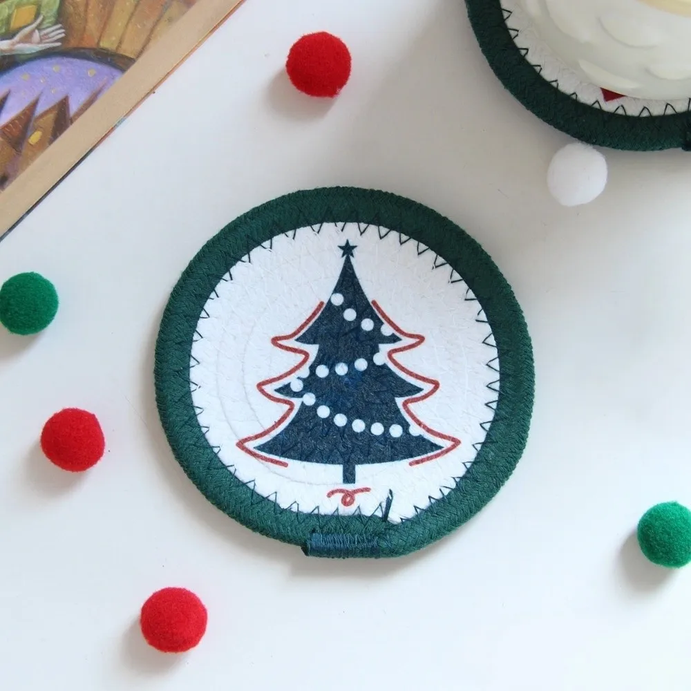 Santa Claus Trivet Christmas Cup Mat Woven Cotton Rope Heat Resistant Pot Table Mat Round Handmade Insulated Mat Holiday