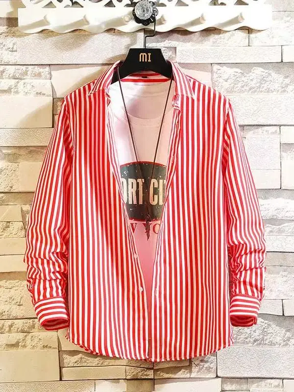 

New Recruitment Men's Casual Striped Shirts Long Sleeve Thickened Autumn Wear for Middle-Aged And Elderly PU Leather Fabric