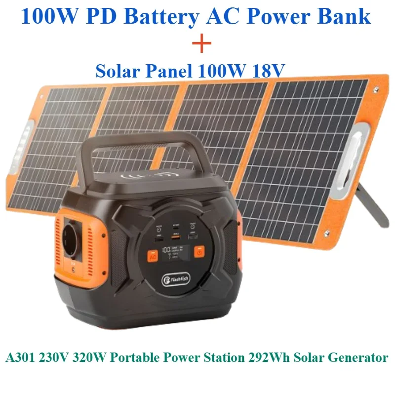 100W PD Battery AC Power Bank with Solar Panel 100W 18V A301 230V 320W Portable Power Station 292Wh/80000mAh Solar Generator