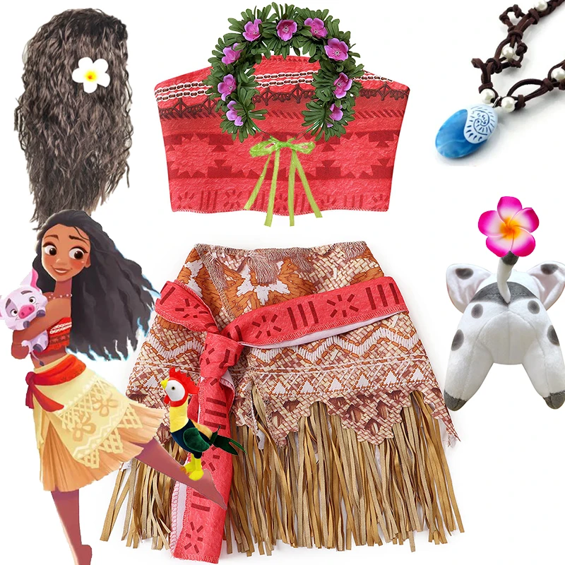 Girls Disney Princess Moana Cosplay Costume Two Piece Dress up Kids Carnival Birthdays Beach Outfit Vaiana Hawaii Party Clothes