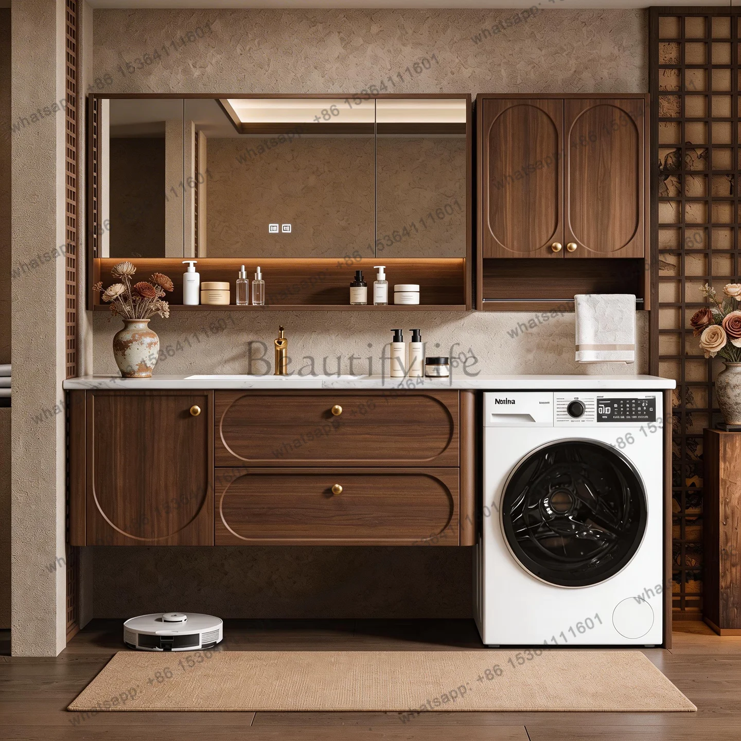 

Medieval style washing machine wash basin integrated cabinet balcony bathroom oak bathroom cabinet