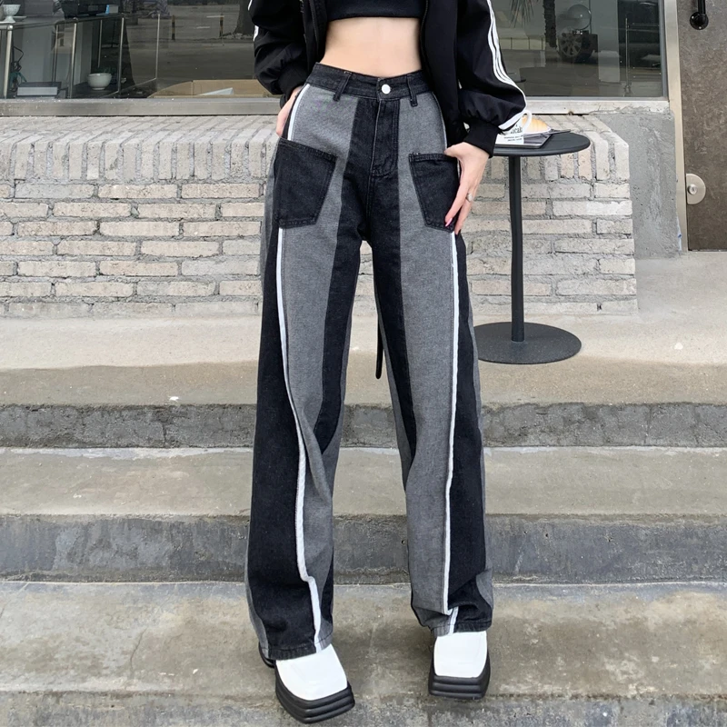 Novo contraste de costura namorado slouchy baggy jeans feminino casual y2k perna larga calças de brim feminino peles-forrado streetwear calças