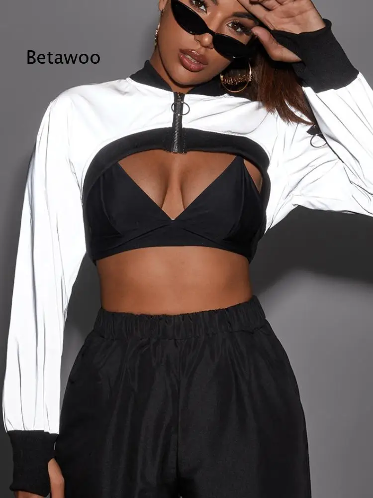 Women Reflective Cropped Jacket Half Zip Long Sleeve Color Block Stand Collar Streetwear Punk Hip Hop Crop Top