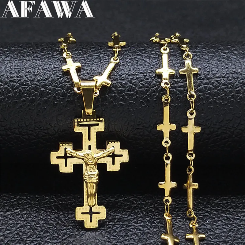 Christian Cross Jesus Stainless Steel Necklace for Women/Men Gold Color Crucifix Rosary Chain Jewelry rosario hombre N7237S02