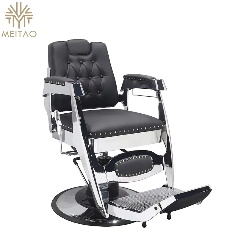 Elegant Black Leather Barber Chair with Tufted Design, Studded Details, and Chrome Base - Perfect for Premium Experiences