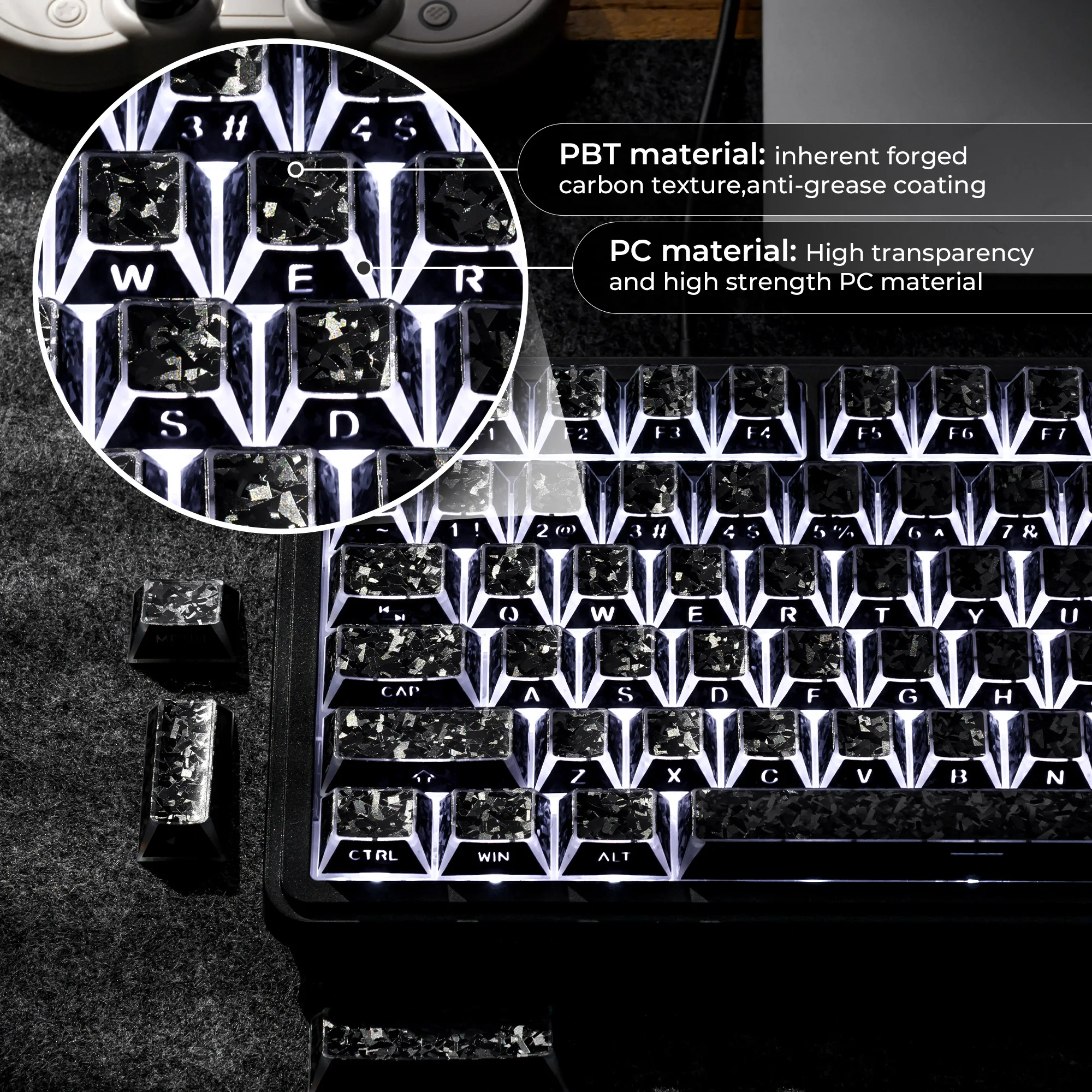 XVX 136 Keys Forged Carbon Prism Keycaps Cherry Profile PBT Side Print Shine Through Keycap Black Key Cap Set for MX Keyboard