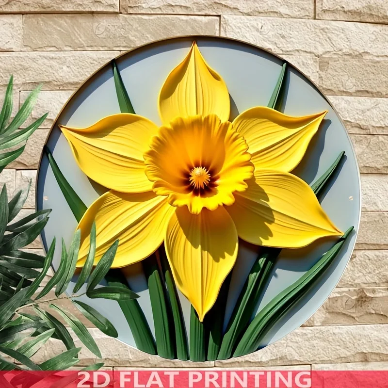 2D Flat - 2D Plane, 1pc of Vintage Floral Metal Wall Decor - Farmhouse Decor with Bright Yellow Daffodils, Heavy-Duty Iron Const