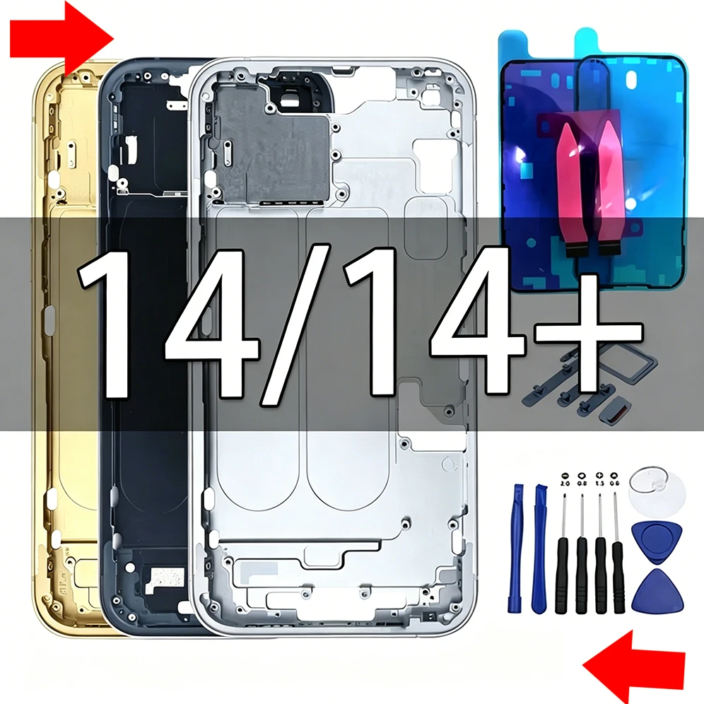 

Middle Housing Frame for iPhone 14 14 Plus, Replacement Chassis with SIM Card Tray, Side Buttons, Battery Adhesive & Screen Seal