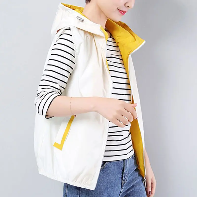 Lined Women Vest Spring Summer Waistcoats Hooded Fashion Leisure Sports Vests Lining Sleeveless Jacket Loose Sleeveless Coat