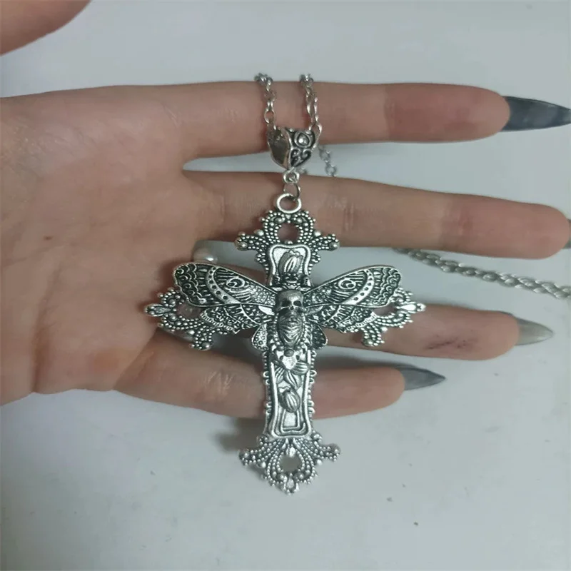 Large Moth Cross Necklace Pendant Floral Filigree Victorian Vintage Gothic Style Great Gift for Her Protection Amulet