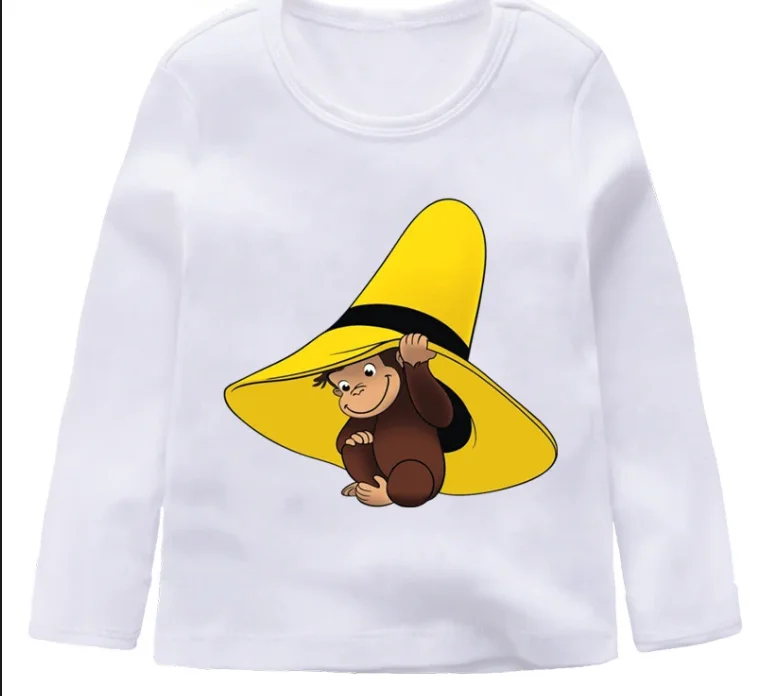 Cute Cartoon Curious George Design T Shirt Boys Girls New Casual Long Sleeve Tops Children\'s White T-Shirt,