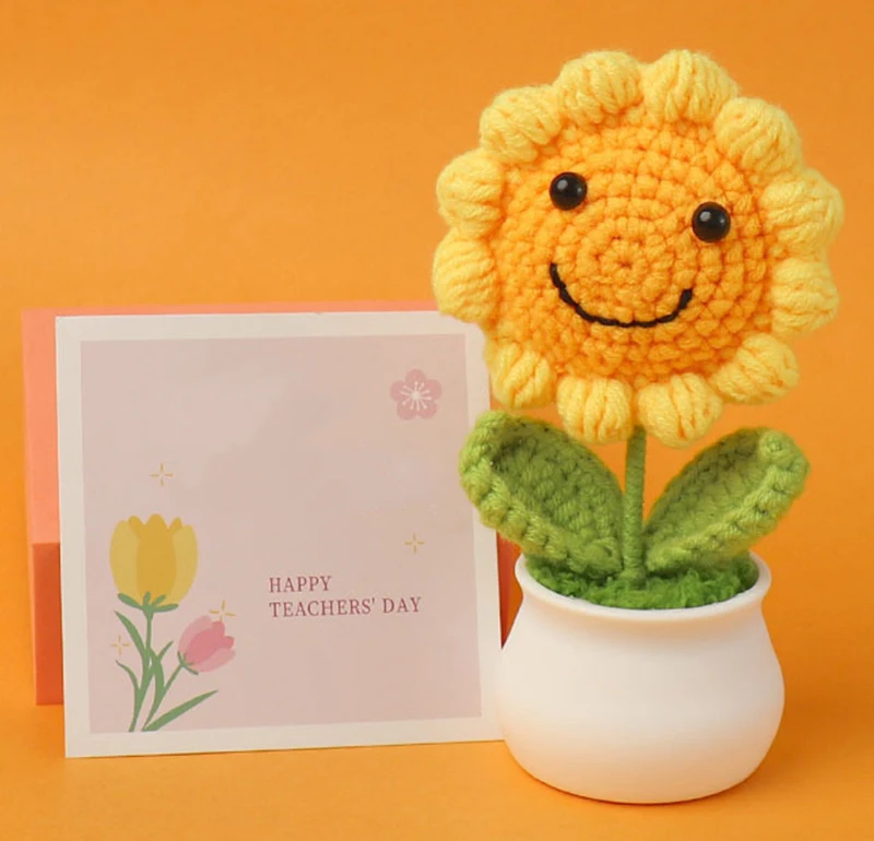 1PCS Kreative Künstliche Blumen Nette Häkeln Sonnenblume Töpfe Gestrickte Blume Handgemachte Geschenk Hause Hochzeit Gast Geschenke Desktop Decor – Detail 4