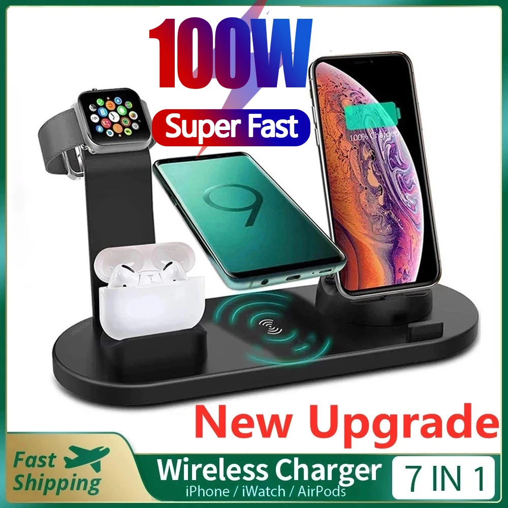 2023 New 100W 7-in-1 Wireless Charger for iPhone 15, 14, 13, 12 X XR Watch for Samsung Galaxy, Xiaomi, and Huawei Fast Charger