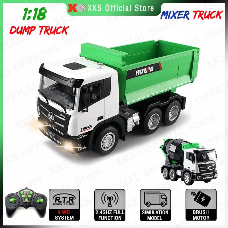 HuiNa 1/18 RC Truck 9 Channel 2.4G Remote Control Led Light Dump Cement Mixing Truck Engineering Vehicle Toy Car Gift for Boy